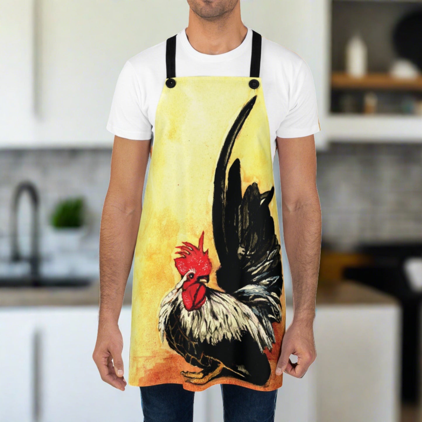 on a yellow and orange background in watercolor sits Japanese Rooster in blacks, silvers and whites with a bright red head - apron is silky with 4 black straps that button on easily