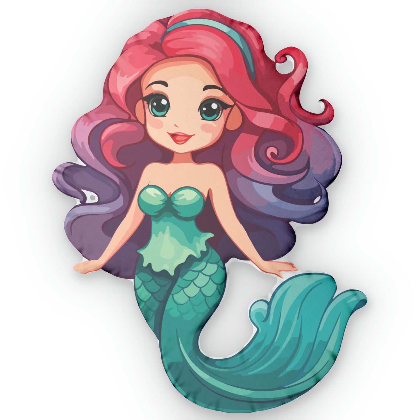 Retro mermaid girl is wearing a teal green skirt/tail and strapless top - red & purple long swingy hair and teal blue big sweet eyes - a cuddle-buddy pillow doll in 4 sizes up to 28 inches tall - minky soft and comforting to cuddle - small is perfect for traveling as a comfort-buddy that will start conversations yes! So fun!