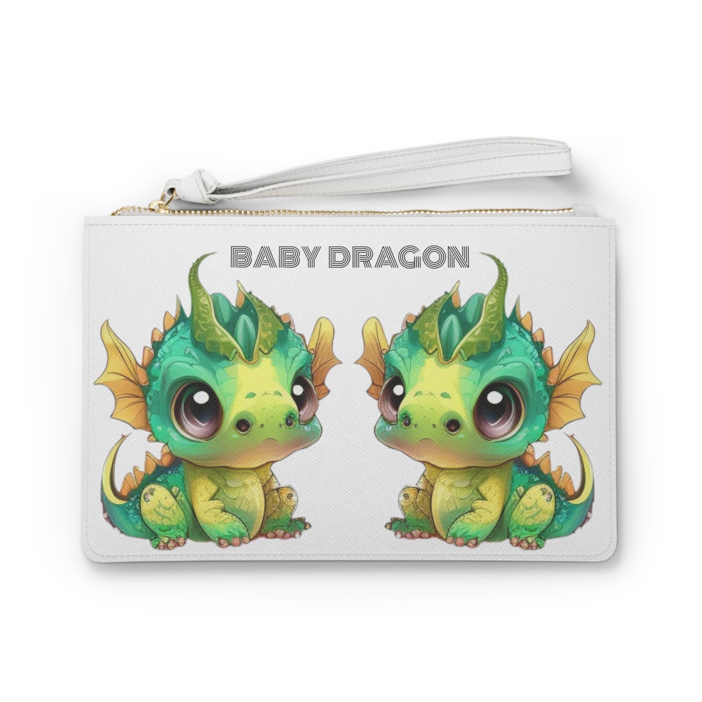 Baby Dragon is the decorative text above 2 darling baby Bobby dragons facing each other - Bobby is in greens and yellows with a little green horn popping out of his cute head - on a white vegan leather sofino patterned clutch bag with a loop white handle and gold zipper - excellent quality!