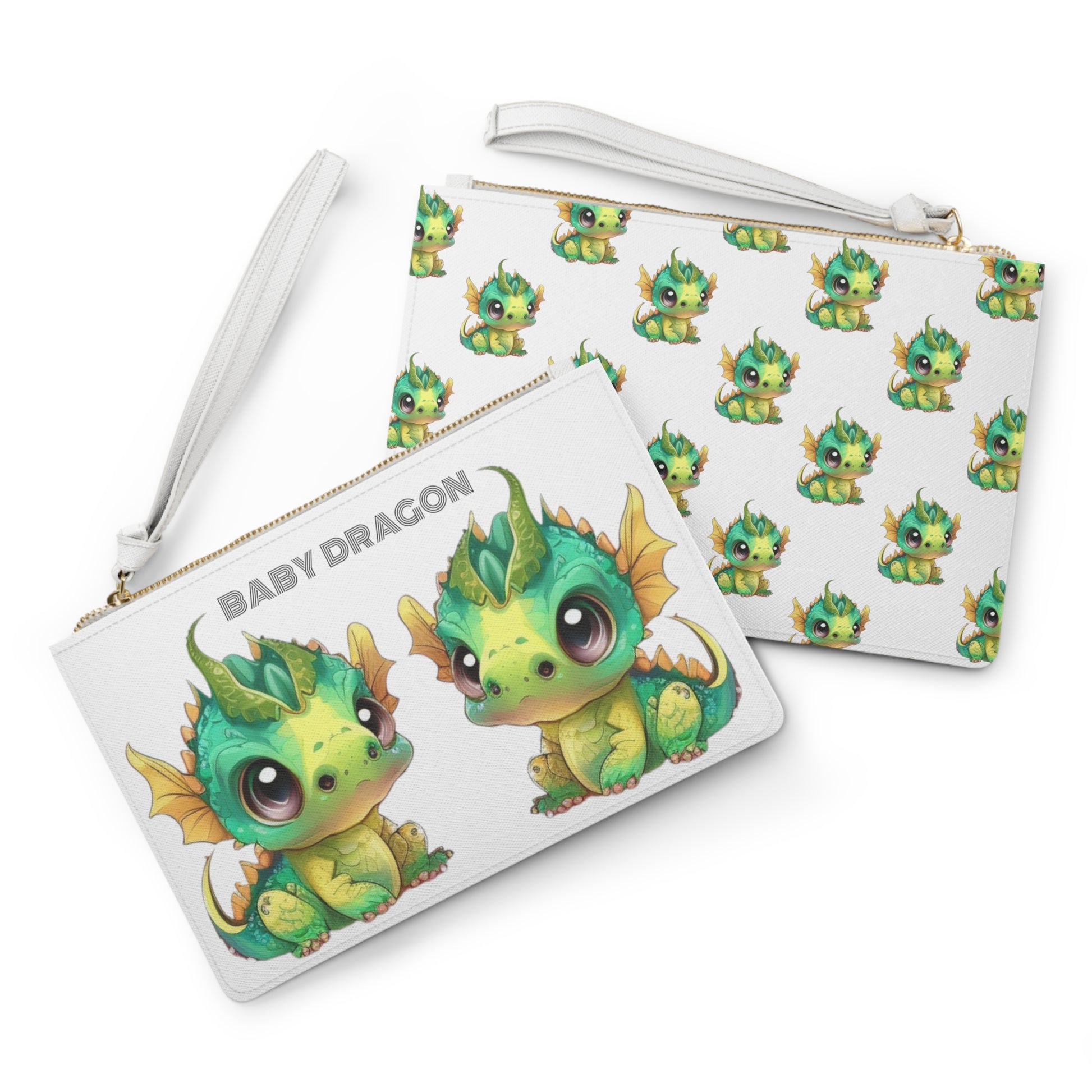 Baby Dragon is the decorative text above 2 darling baby Bobby dragons facing each other - Bobby is in greens and yellows with a little green horn popping out of his cute head - on a white vegan leather sofino patterned clutch bag with a loop white handle and gold zipper - excellent quality! On the back little baby Bobby dragons are all over it.
