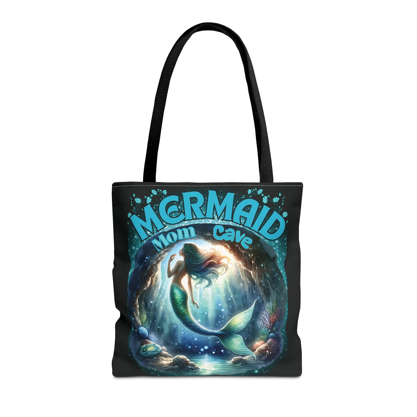 A gorgeous mermaid swims in her mermaid mom cave with her sea shells and plants around her - Mermaid Mom Cave is the text above her cave with blue flowers above the text - black bag - inside too- handles