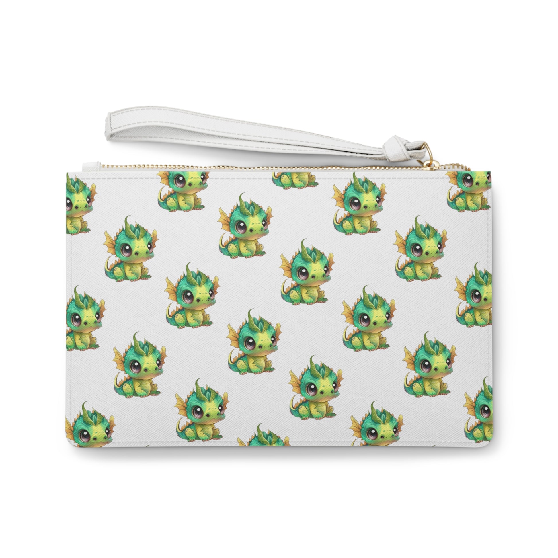 Baby Dragon is the decorative text above 2 darling baby Bobby dragons facing each other - Bobby is in greens and yellows with a little green horn popping out of his cute head - on a white vegan leather sofino patterned clutch bag with a loop white handle and gold zipper - excellent quality! The back of the clutch has little baby Bobby dragons all over it an inch apart.