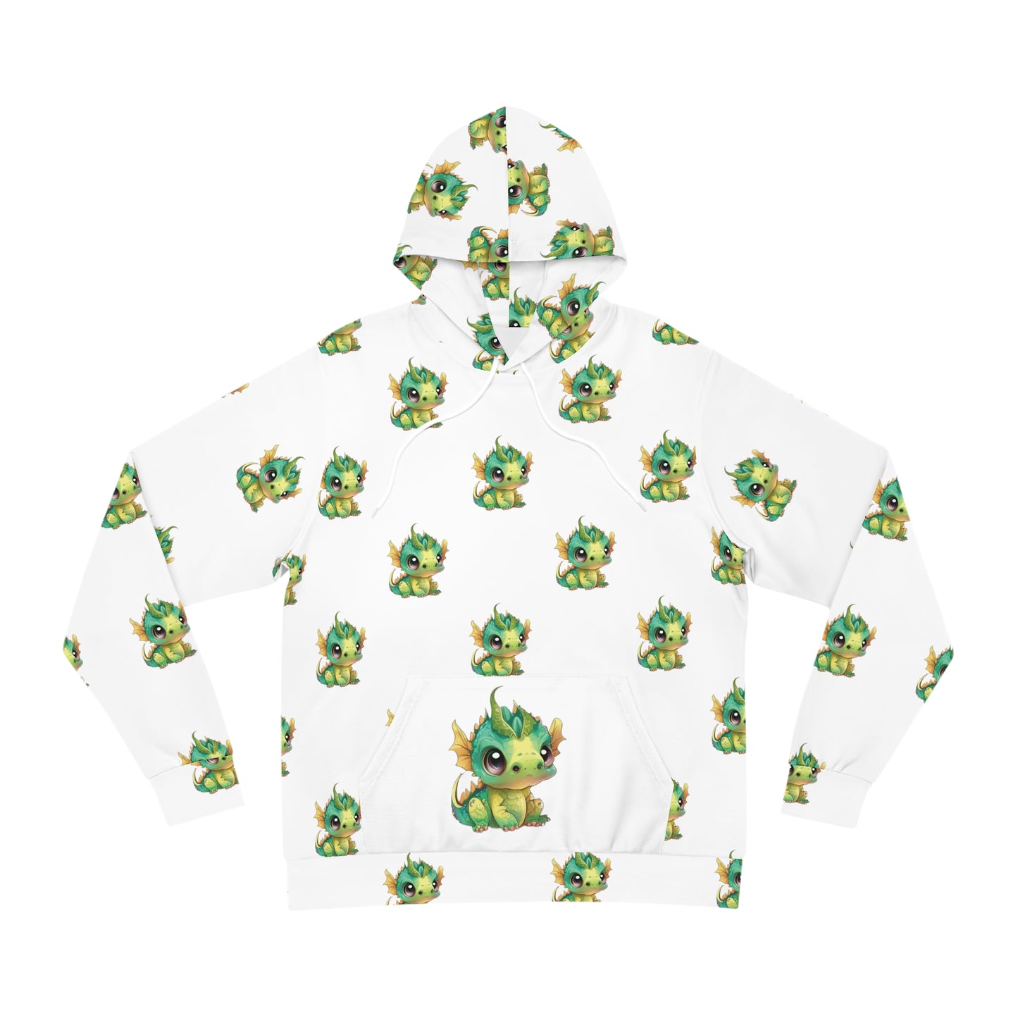 On a hoodie with a large front pocke sits a cute baby Bobby Dragon in greens yellows and a green baby horn - he is all over the hoody about 3 inches tall and 3 inches away from each other on this all over print hoody. 