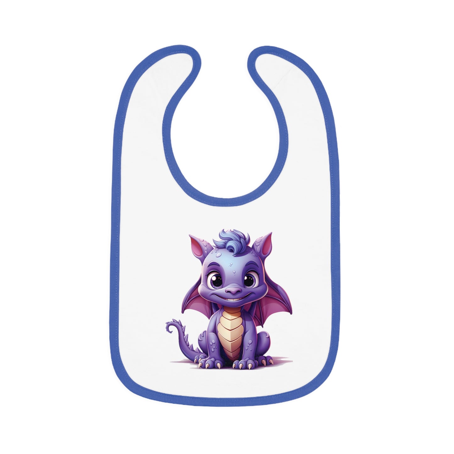 A white 100% cotton baby bib trimmed in blue - with a purple baby Happy dragon in the center - a large bib super cute.