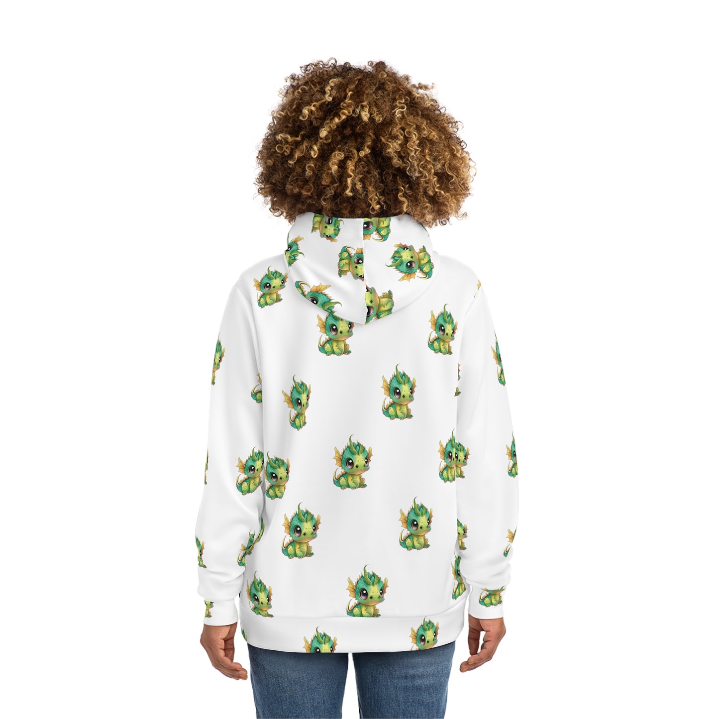 On a hoodie with a large front pocke sits a cute baby Bobby Dragon in greens yellows and a green baby horn - he is all over the hoody about 3 inches tall and 3 inches away from each other on this all over print hoody. 