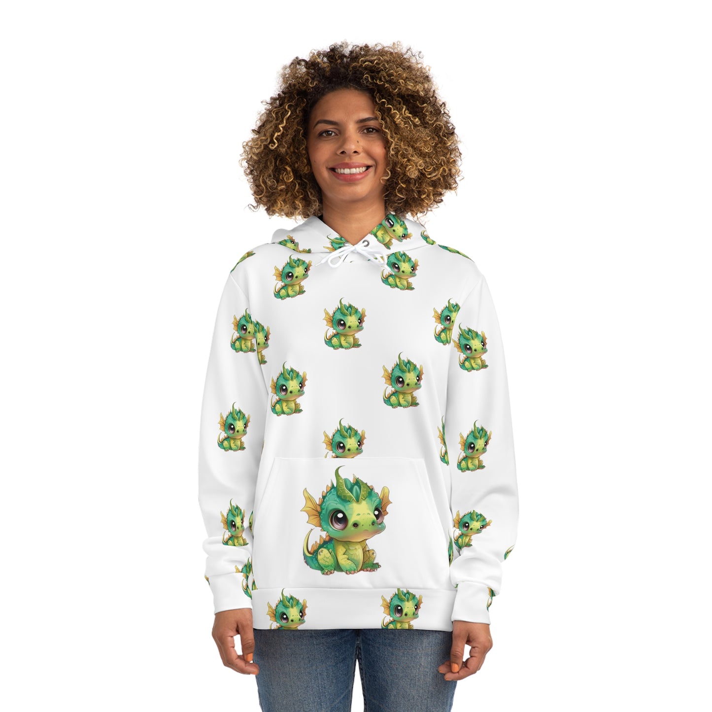 On a hoodie with a large front pocke sits a cute baby Bobby Dragon in greens yellows and a green baby horn - he is all over the hoody about 3 inches tall and 3 inches away from each other on this all over print hoody.