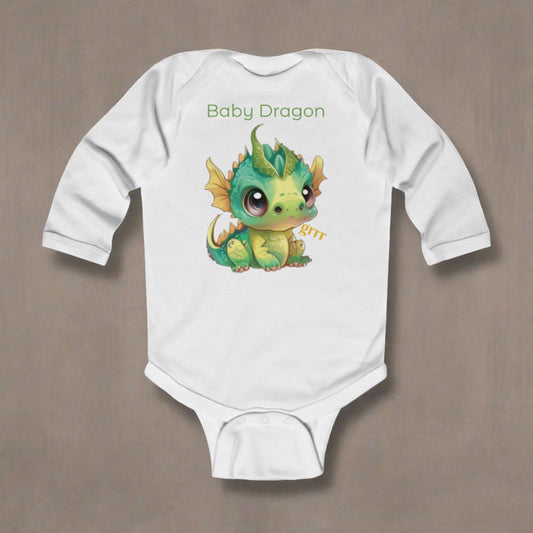 A baby onesie /bodysuit - long sleeve text says Baby Dragon with a darling green and yellow baby dragon sitting in the center saying grrr - wishing new baby good fortune and strength. 