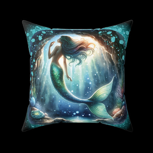 A gorgeous mermaid swims in her mermaid cave with her sea shells and plants around her- blue flowers surround her cave on a sqaure faux suede pillow 