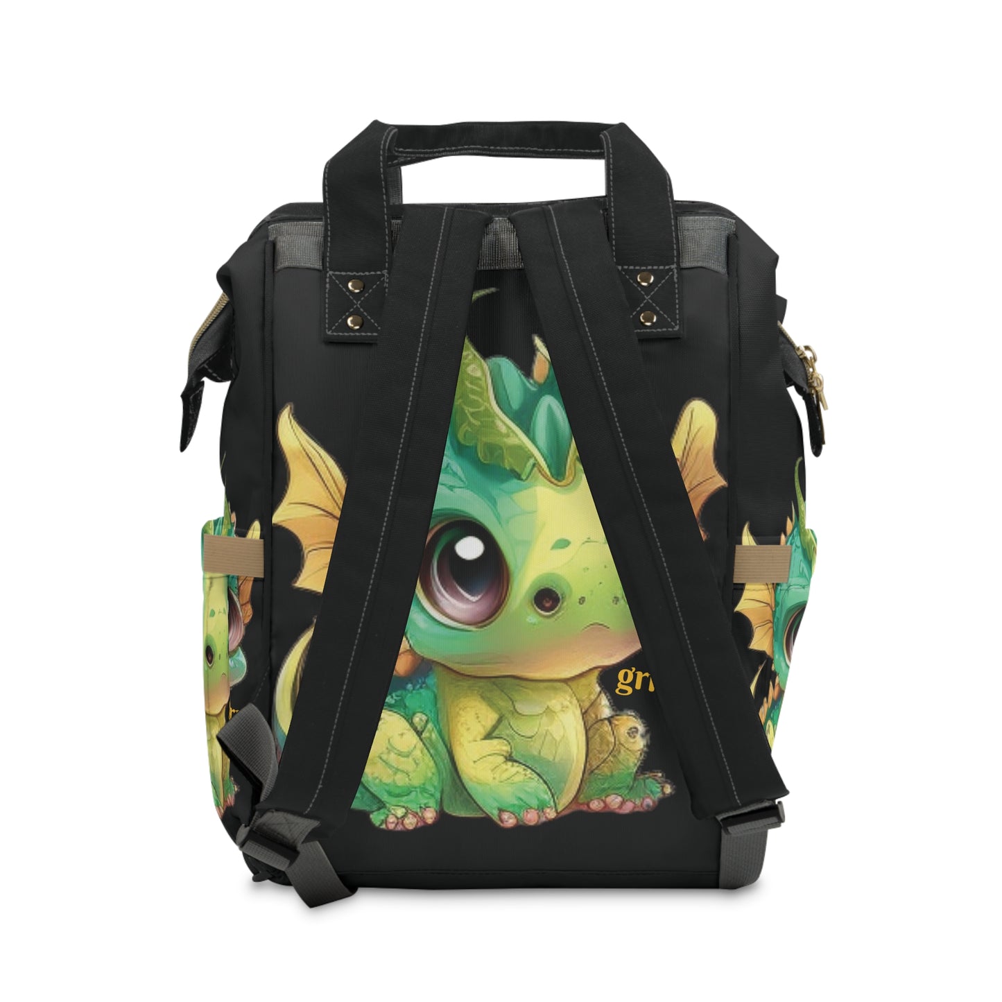 A black backpack/diaper bag with top handles too - a front zipped pocket with a baby Bobby dragon grrr on it - baby Bobby Dragon is on the top - front- back & sides - text Baby Dragon on the front - inside pockets & sturdy zipper and well made