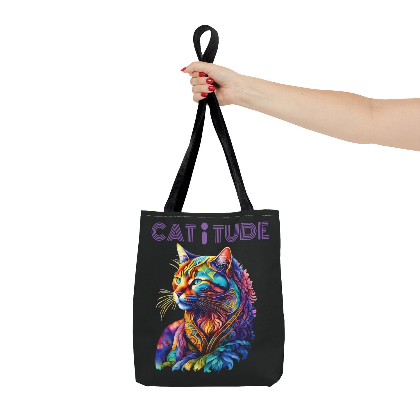 CAT-i-TUDE & Look For BEAUTY (back) BLACK Tote Bag - Perfect Gift For Watercolor & Cat Lovers