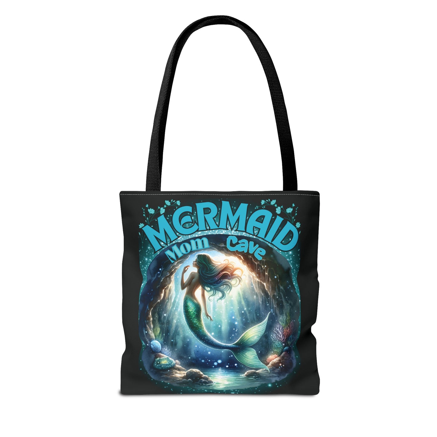 A gorgeous mermaid swims in her mermaid mom cave with her sea shells and plants around her - Mermaid Mom Cave is the text above her cave with blue flowers above the text - black bag - inside too- handles