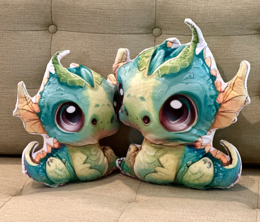Small & Medium size shown here - Baby Bobby Dragon in greens & yellows with big brown sweet eyes and a green horn and a tail - in plush minky velveteen fabric Bobby is a pillow cuddle-buddy doll every child needs. In 4 sizes up to 28 inches tall! Good Fortune & Strength are pure dragon energy - give every baby and child you know the gift of prosperity & a good long life with our plush minky cuddle buddy.