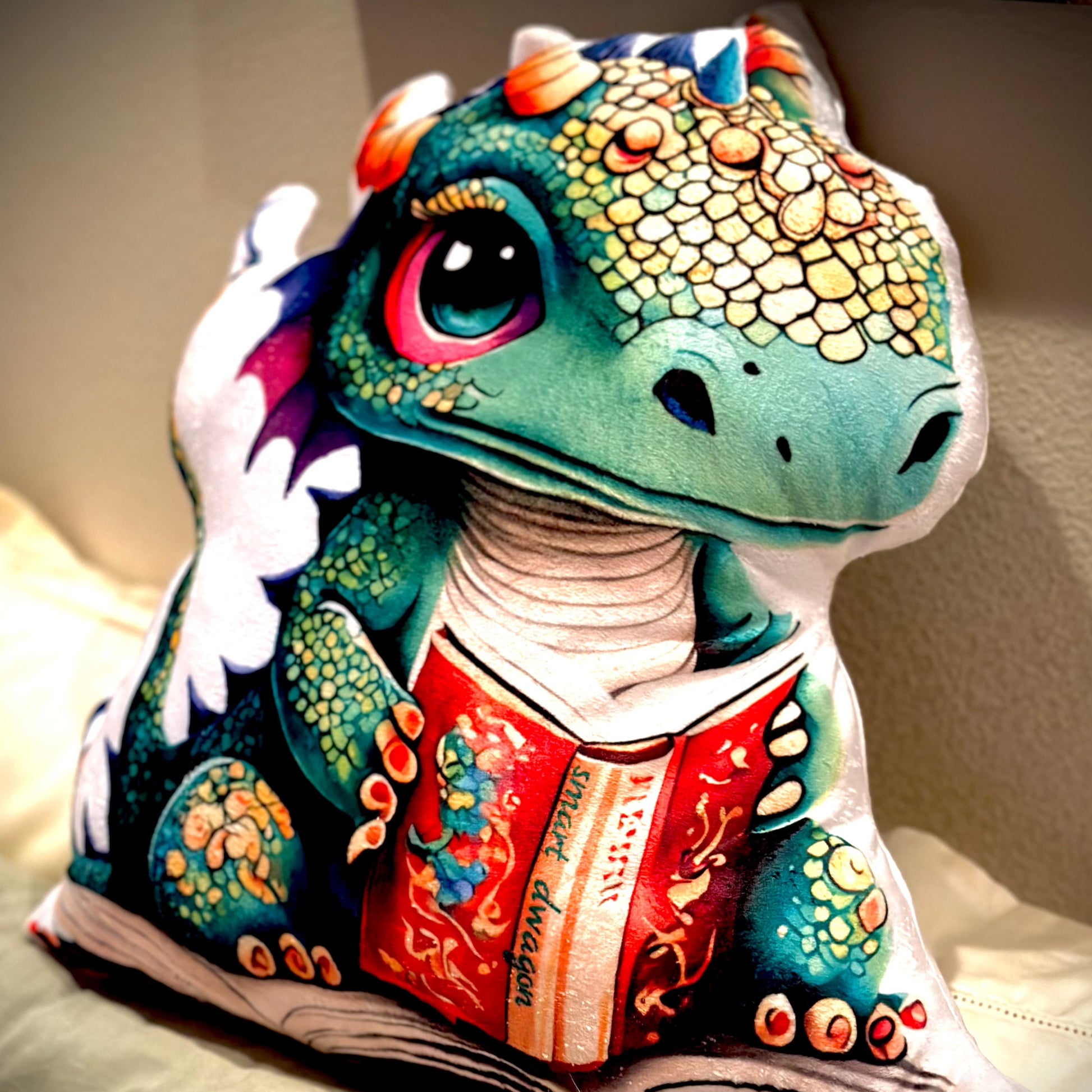 Ricky bookworm baby dragon holds her favorite book - her big green sweet eyes look up at you - in greens yellows and pink & purples Ricky is adorable and promotes the good idea of reading as children - minky plush cuddle-buddy pillow doll is in 4 sizes up to 28 inches tall! Good Fortune & Strength are pure dragon energy!